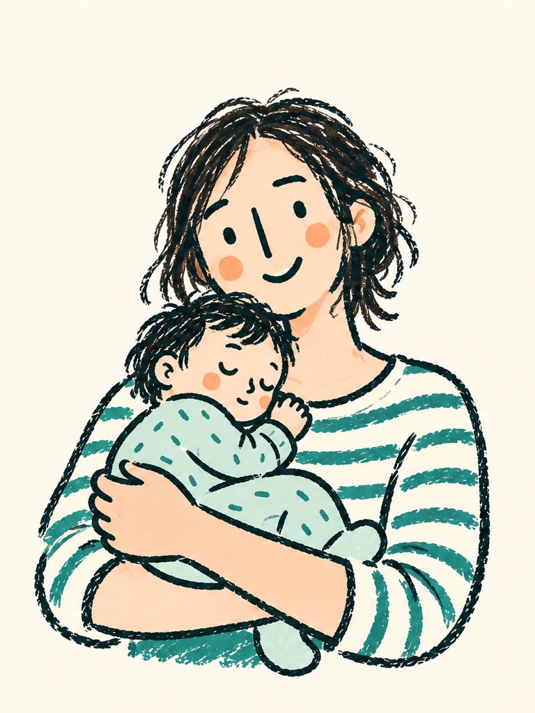 Crayon illustration of a mom holding her sleeping baby