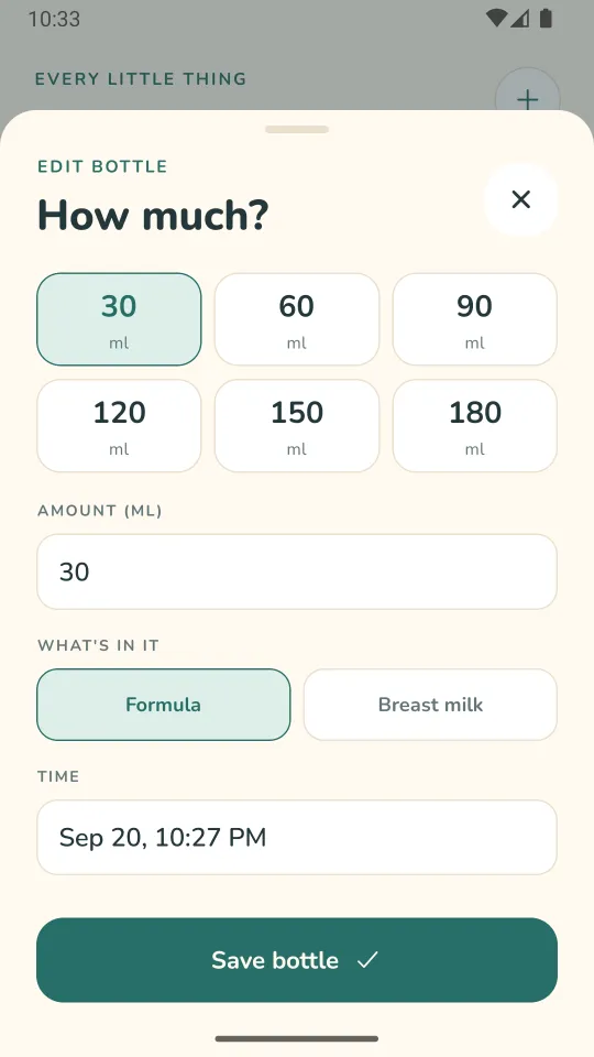 An Edit bottle sheet titled How much, with preset amounts from 30 to 180 ml, an amount field reading 30, a choice between formula and breast milk, and a time of Sep 20 at 10:27 PM.
