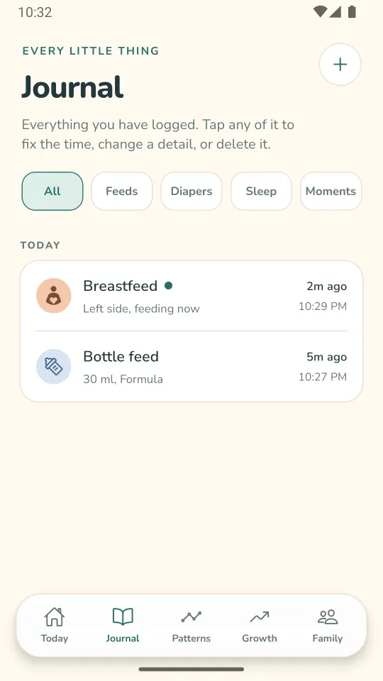 The Journal screen listing today's entries. A breastfeed on the left side, feeding now, at 10:29 PM. A 30 ml formula bottle at 10:27 PM. Filter chips read All, Feeds, Diapers, Sleep and Moments.