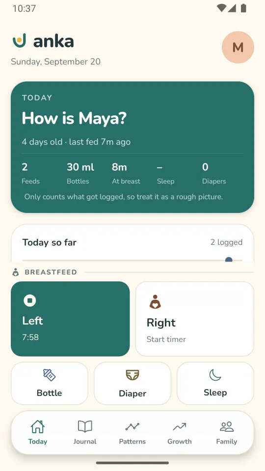 The Today screen. A card reads How is Maya, 4 days old, last fed 7m ago, with totals for feeds, bottles, time at breast, sleep and diapers. Below it a breastfeeding timer runs on the left side at 7 minutes 58 seconds.